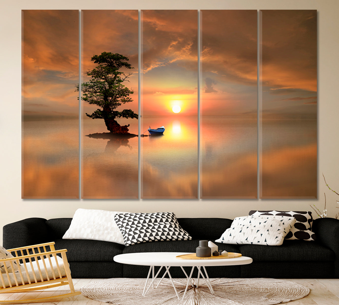 LONELY TREE Boat Artistic Landscape Scenery Pictorial Art Canvas Print Scenery Landscape Fine Art Print Artesty 5 panels 36" x 24" 