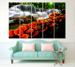 NATURE LANDSCAPE Cascade Waterfalls Orange Mushroom On Tree Nature Wall Canvas Print Artesty 5 panels 36" x 24" 