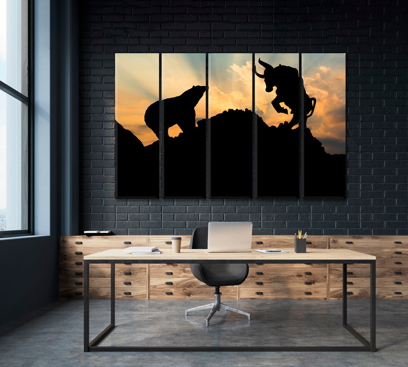 POWERFUL Bear and Bull Market Office Wall Art Canvas Print Artesty 5 panels 36" x 24" 