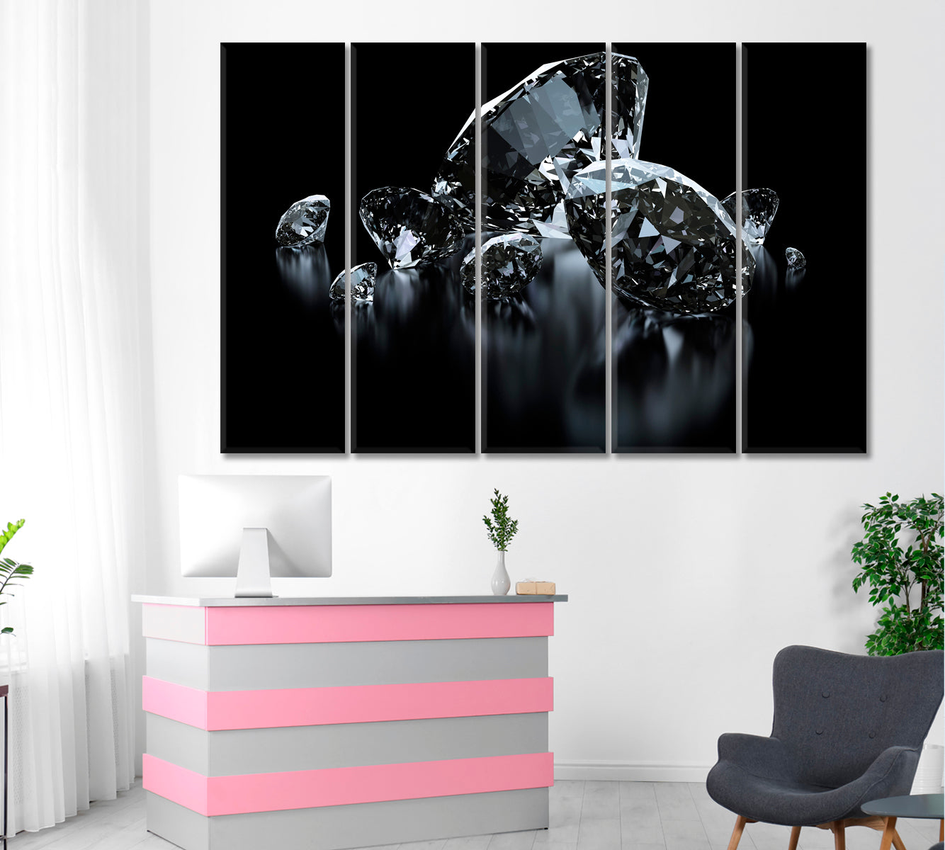 Beautiful Luxury Diamonds On Black Artwork Black and White Wall Art Print Artesty 5 panels 36" x 24" 
