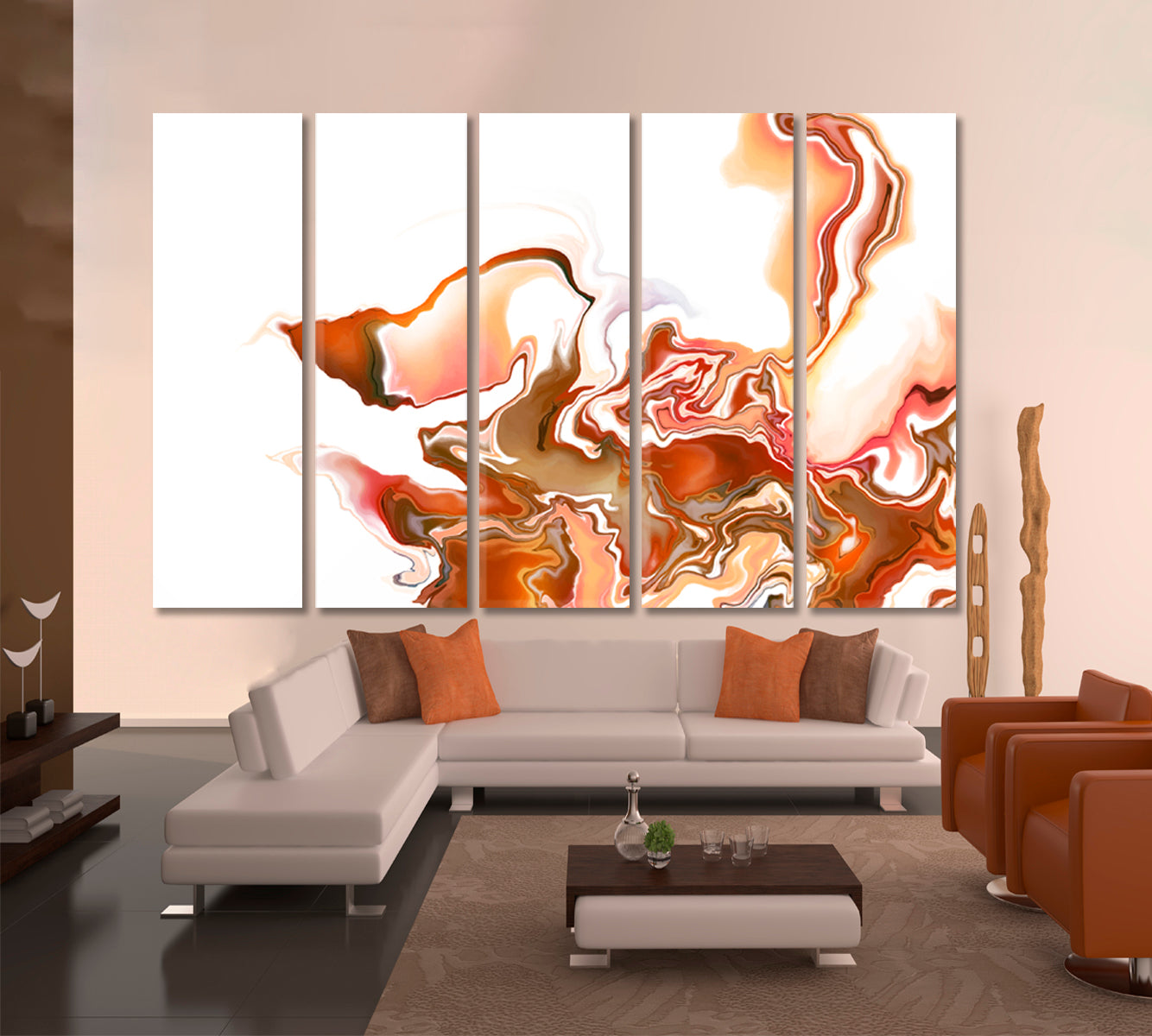 Brown Orange Mix Abstract Wavy Forms Futuristic Pattern Fluid Art, Oriental Marbling Canvas Print Artesty 5 panels 36" x 24" 