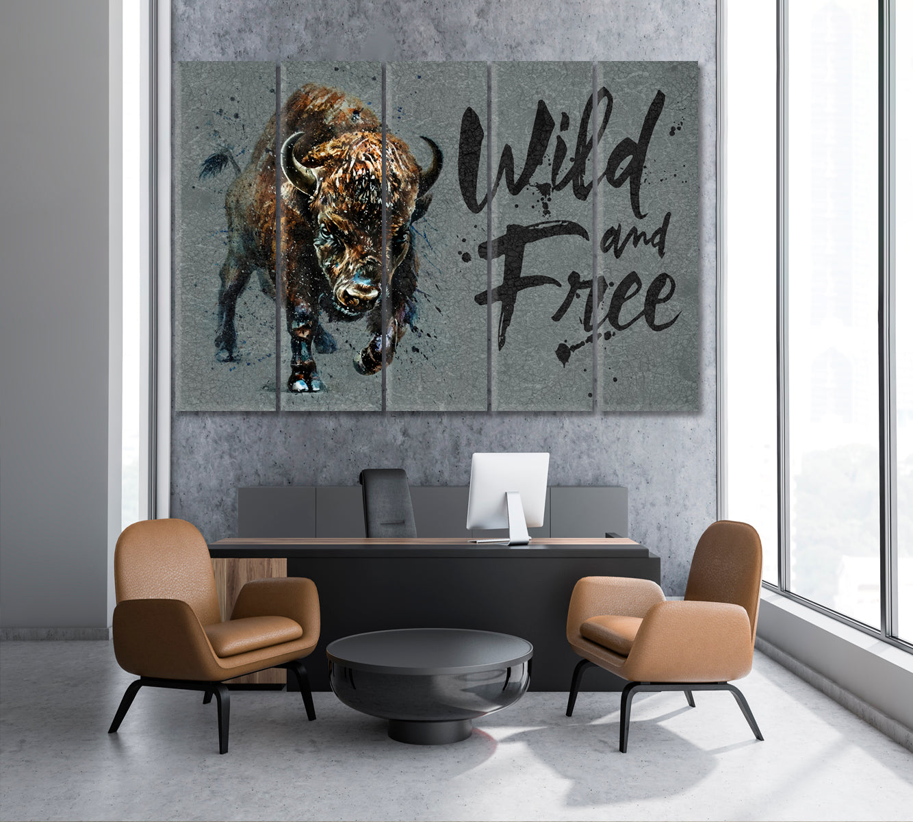 BULL Buffalo Bison Grunge Style Office Wall Art Canvas Print Artesty 5 panels 36" x 24" 