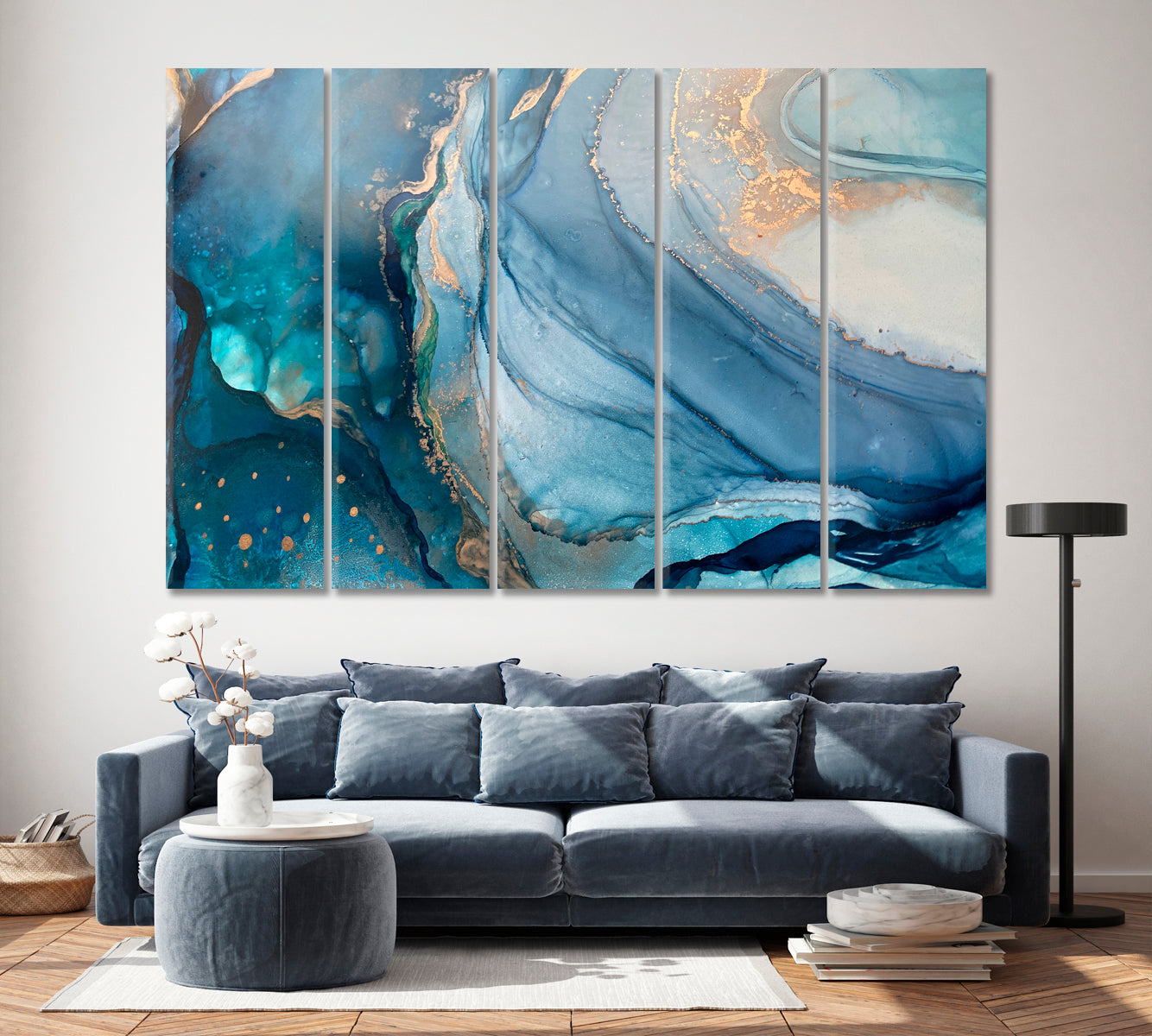 Marble Texture Blue Translucent Flow Ink Malachite Powder Fluid Art, Oriental Marbling Canvas Print Artesty 5 panels 36" x 24" 