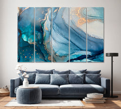 Marble Texture Blue Translucent Flow Ink Malachite Powder Fluid Art, Oriental Marbling Canvas Print Artesty 5 panels 36" x 24" 