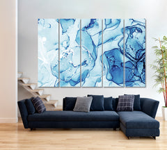 Alcohol Ink Sapphirine Blue White Sea Waves Marble Fluid Art, Oriental Marbling Canvas Print Artesty 5 panels 36" x 24" 