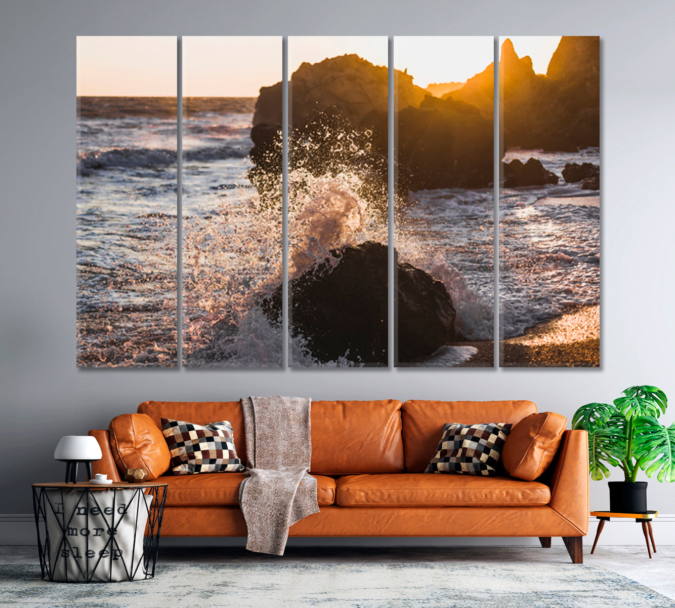 Waves Crashing on Rocks Sunlight Sea Marina Scenery Seascape Nature Wall Canvas Print Artesty   