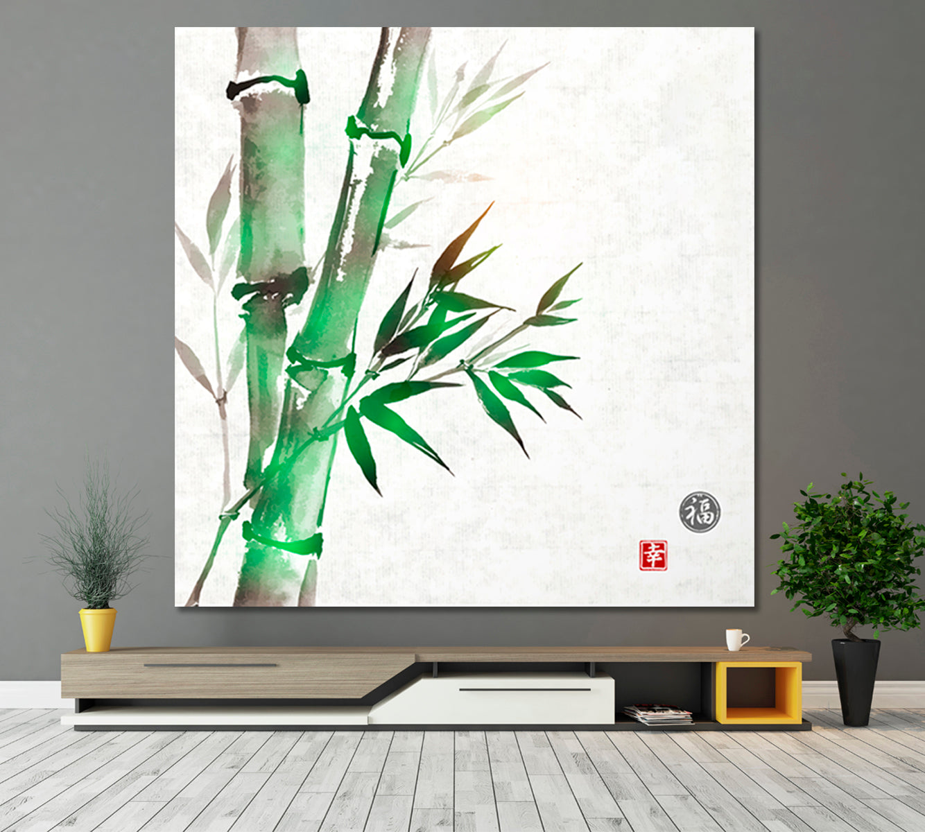 LUCK AND HAPPINESS Green Bamboo Sumi-e style ZEN Canvas Print - Square Asian Style Canvas Print Wall Art Artesty   