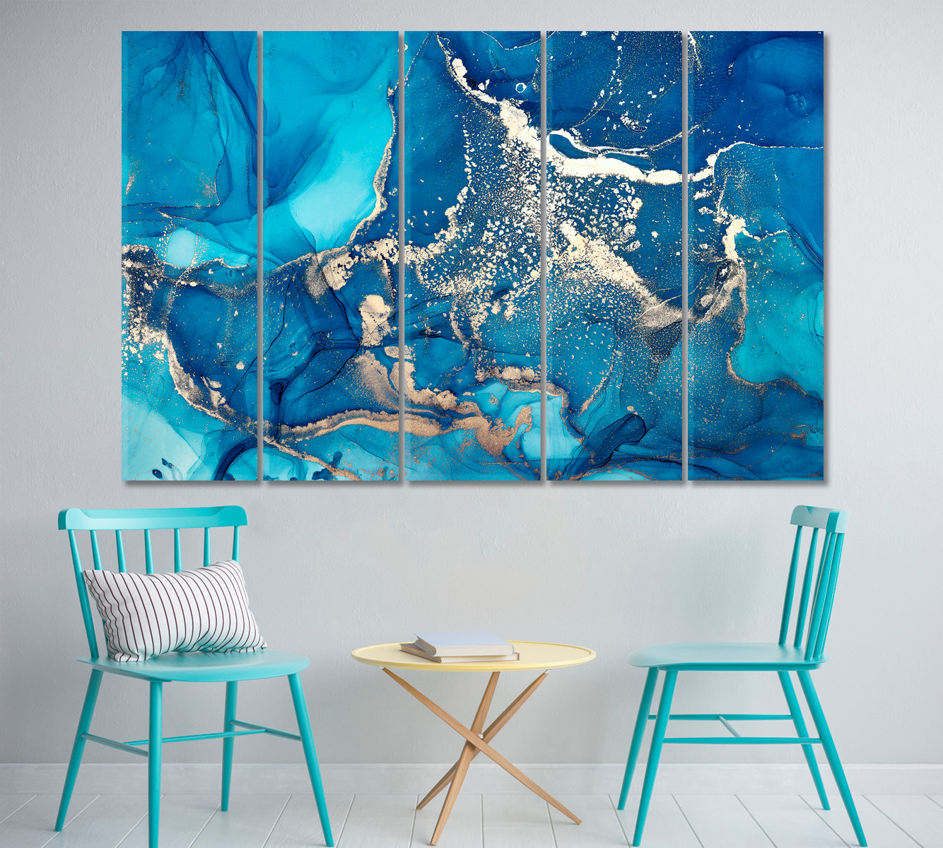 Modern Fluid Art Marble Alcohol Ink Sky Blue Art Design Fluid Art, Oriental Marbling Canvas Print Artesty 5 panels 36" x 24" 