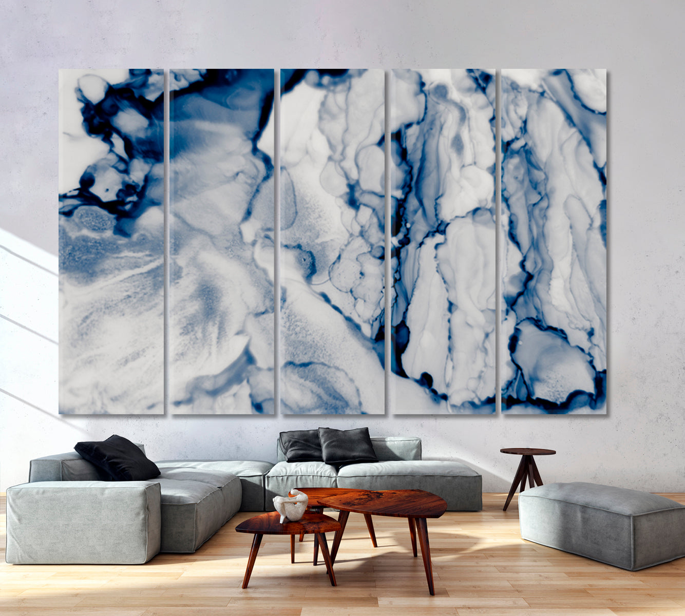 Chinese Ink in Water Blue Marble Abstract Abstract Art Print Artesty 5 panels 36" x 24" 