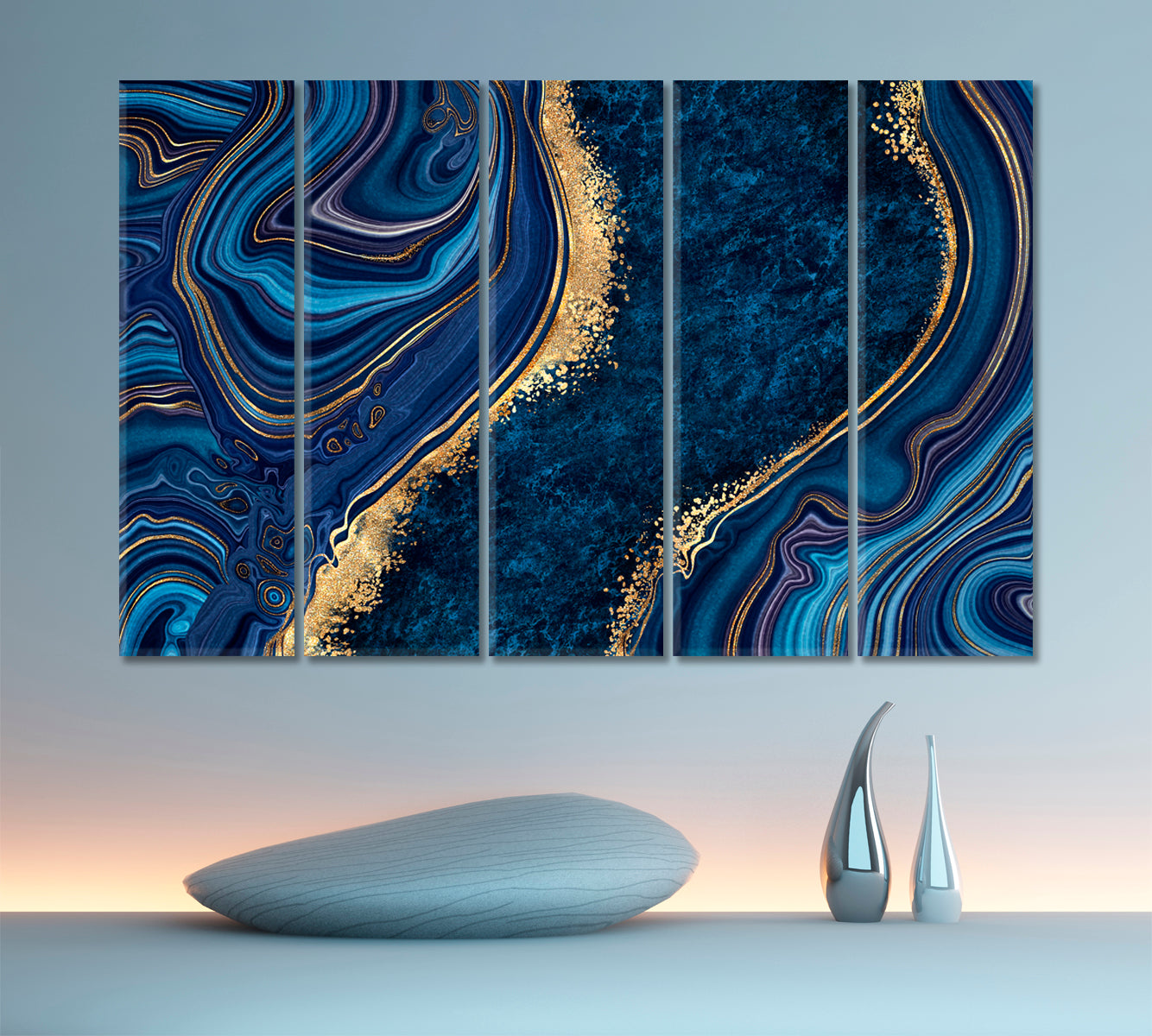 Blue Marble Japanese Kintsugi Technique Marble Oriental Art Print Canvas Artesty 5 panels 36" x 24" 