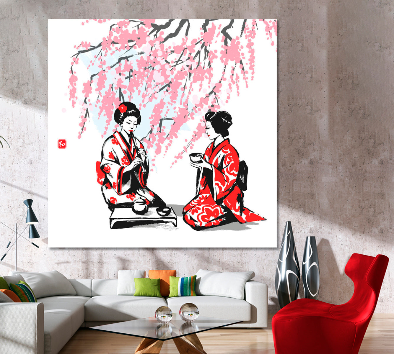 Oriental Branches Cherry and Two Girls Having Tea Japanese Style Canvas Print - Square Asian Style Canvas Print Wall Art Artesty   