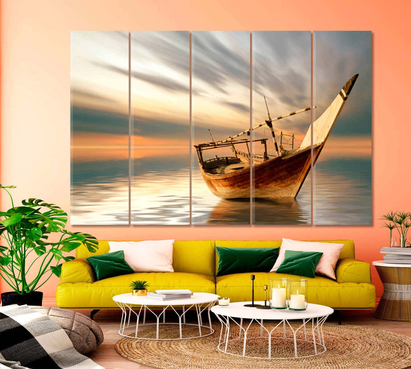 Lonely Boat Middle of the Sea Breathtaking Artistic Landscape Marine Life Canvas Print Scenery Landscape Fine Art Print Artesty 5 panels 36" x 24" 