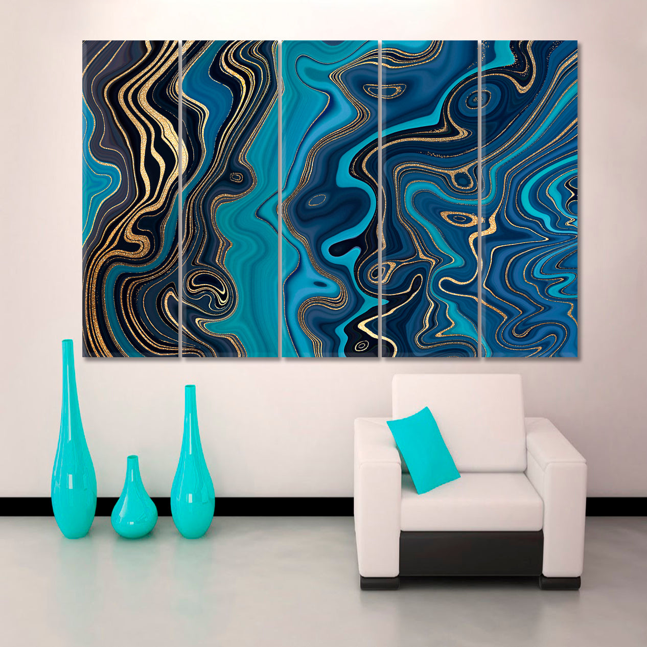 MARBLE EFFECT series Turquoise Navy Blue & Gold Abstract Swirl Artistic Design Giclée Print Fluid Art, Oriental Marbling Canvas Print Artesty   