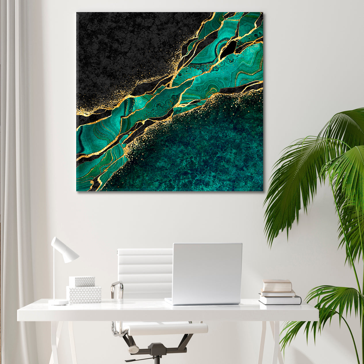 MALACHITE Japanese Kintsugi Technique Abstract Green Black Marble with Gold Veins Stone Canvas Print - Square Fluid Art, Oriental Marbling Canvas Print Artesty   