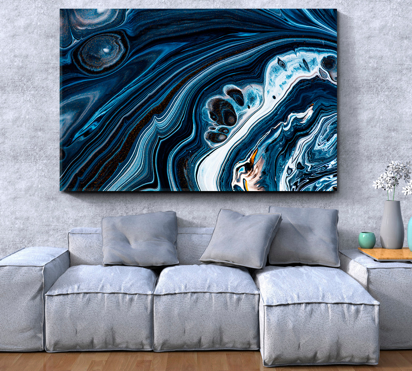 Black Navy Blue Swirling Flows Fluid Acrylic Abstract Iridescent Marble Effect Fluid Art, Oriental Marbling Canvas Print Artesty   