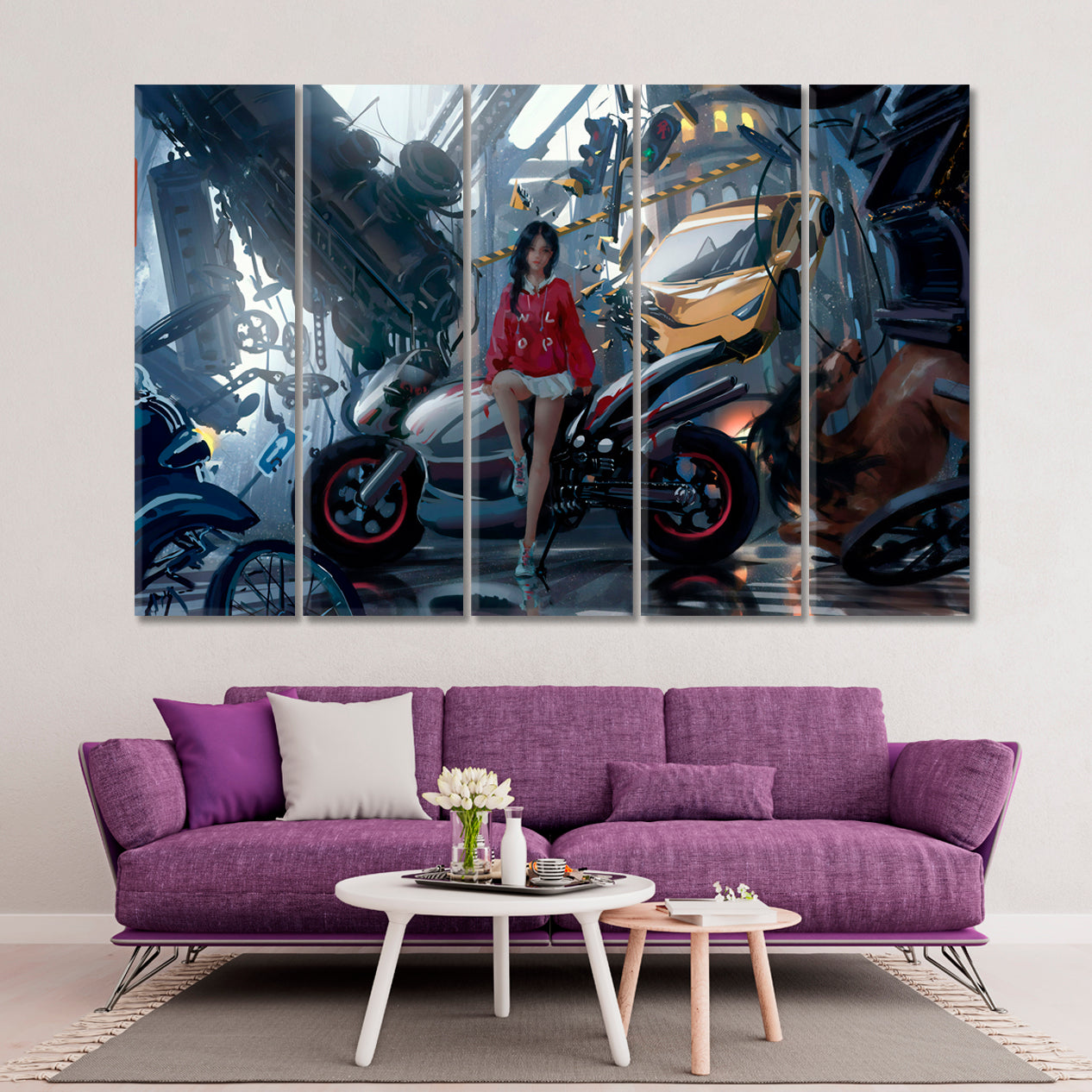 Anime Biker Girl Poster TV, Cartoons Wall Art Canvas Artesty 5 panels 36" x 24" 