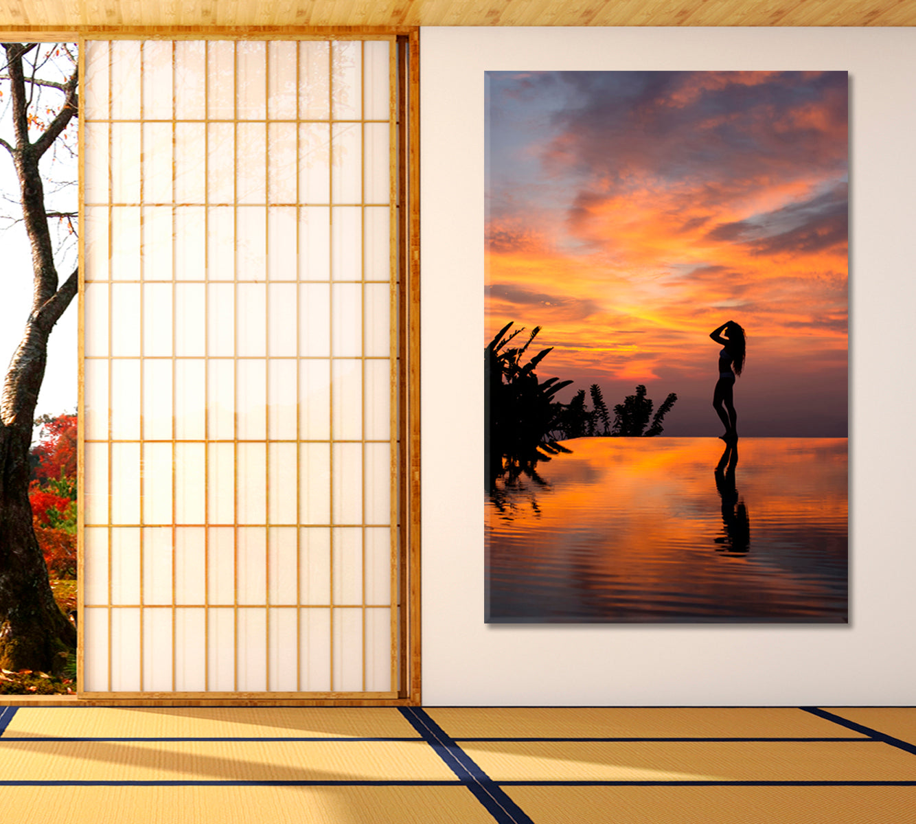 INFINITY EDGE Landscape Luxury Beach Pool Silhouette Woman at Sunset - Vertical Scenery Landscape Fine Art Print Artesty   