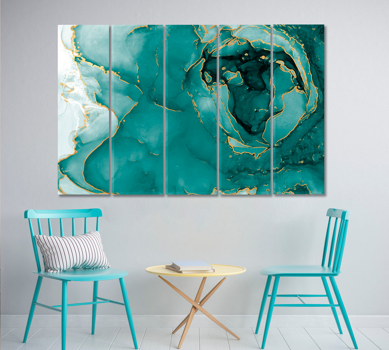 Abstract Marbling Tidewater Green Ocean Tones Ink Stains Fluid Art Fluid Art, Oriental Marbling Canvas Print Artesty 5 panels 36" x 24" 