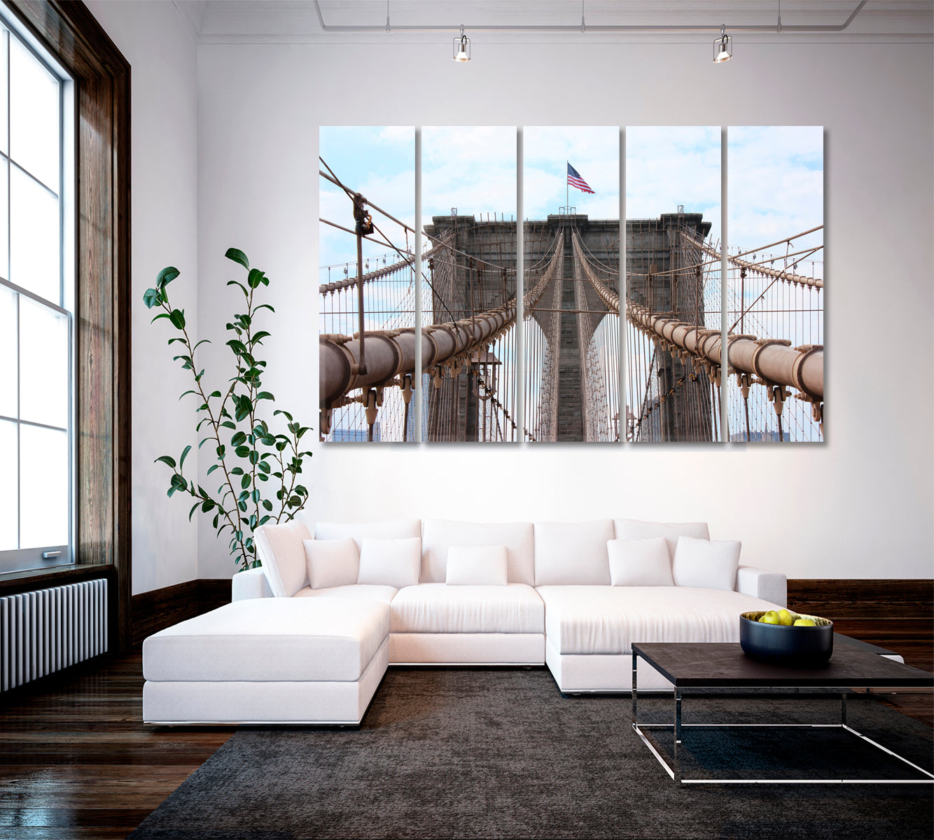 USA Brooklyn Bridge Perspective Photography Canvas Print Cities Wall Art Artesty 5 panels 36" x 24" 