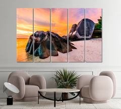SEYCHELLES ISLAND Shaped Granite Boulders Sunset White Beach Scenery Landscape Fine Art Print Artesty 5 panels 36" x 24" 