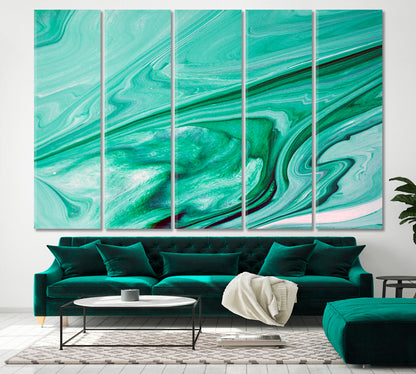 Abstract Colorful Green Stains Marble Ink Fluid Art, Oriental Marbling Canvas Print Artesty 5 panels 36" x 24" 