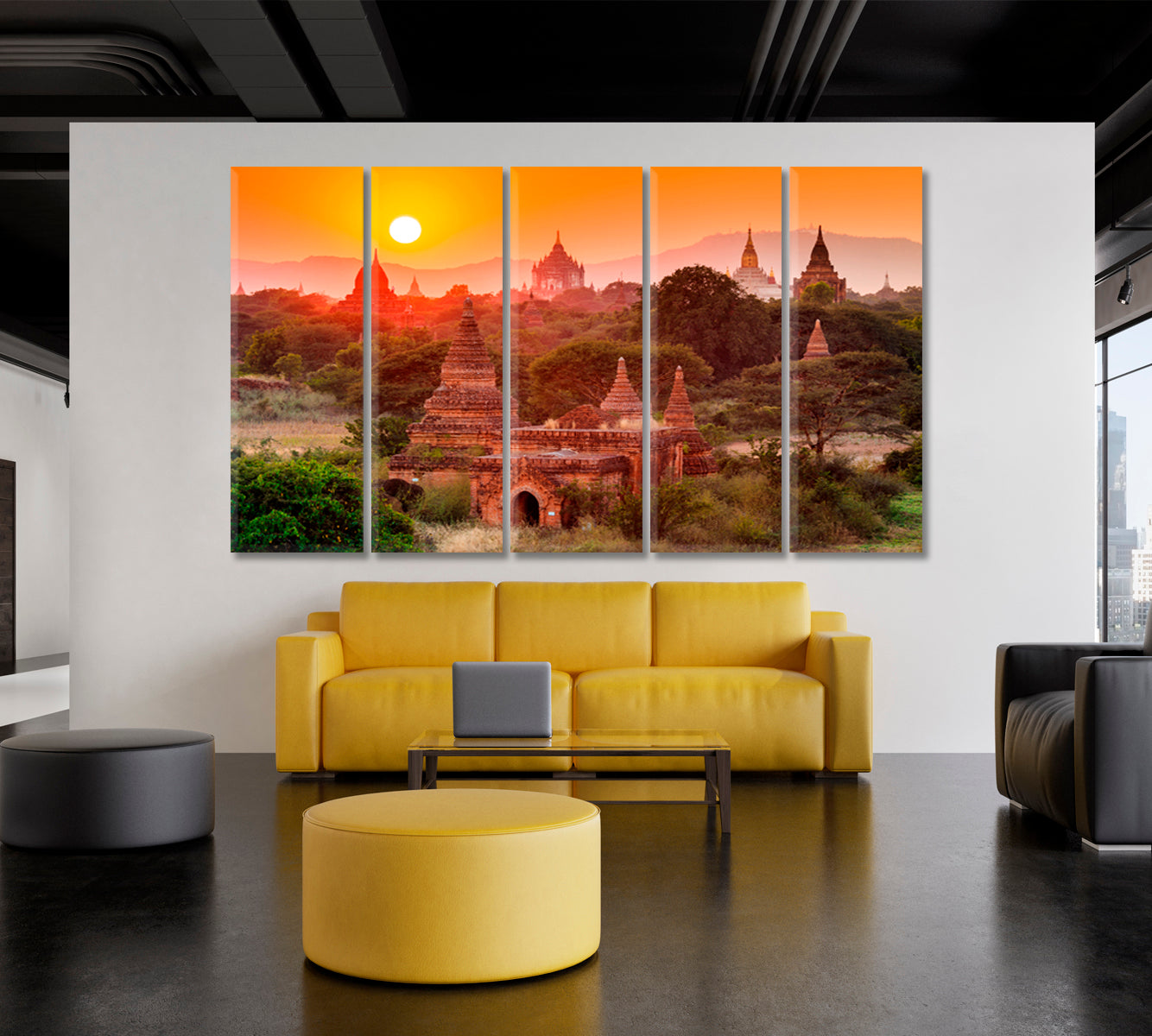 MAJESTIC TEMPLE Asian Pagoda Mandalay Myanmar Religious Architecture Landscape Sunset Asian Style Canvas Print Wall Art Artesty 5 panels 36" x 24" 