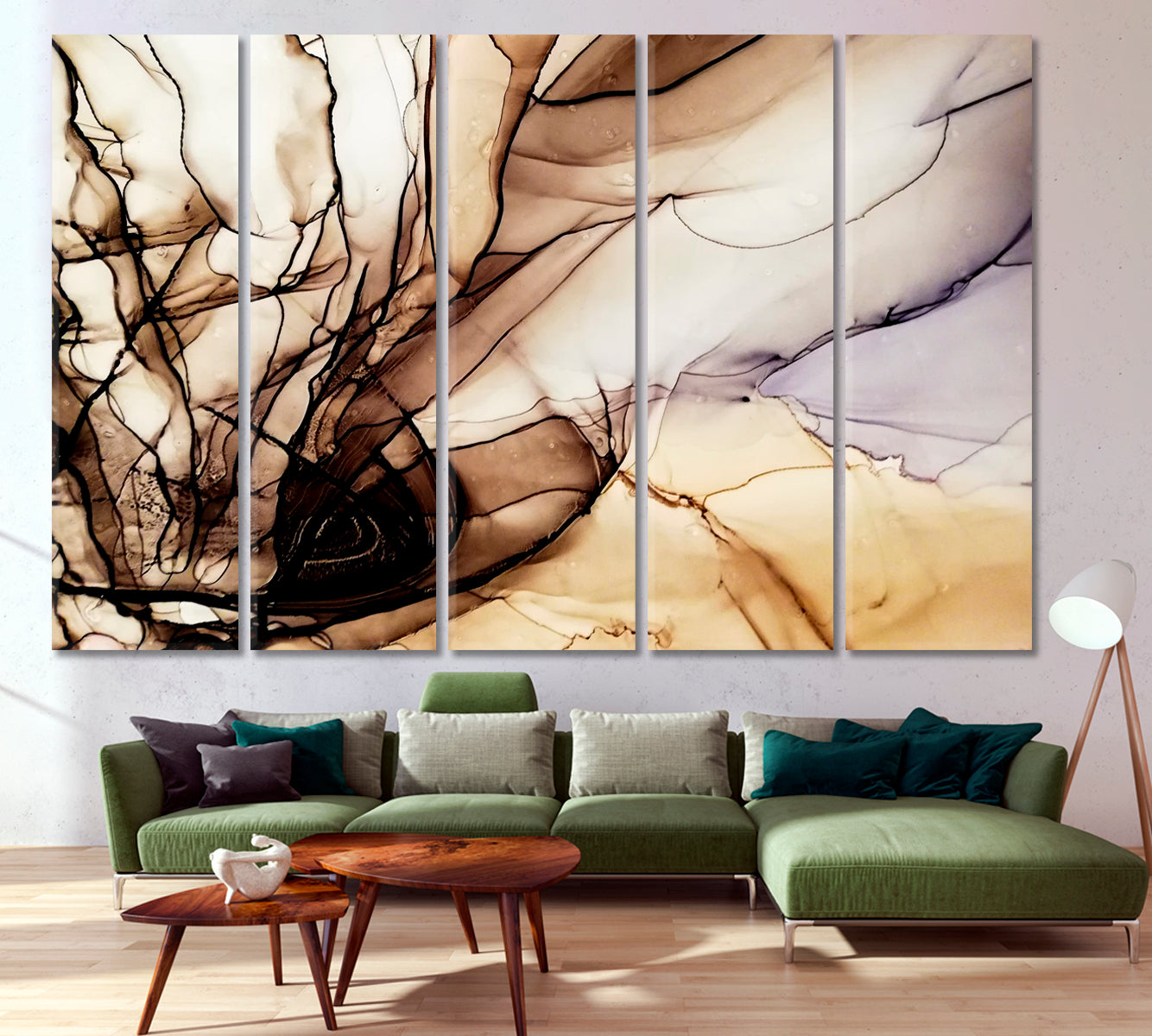 Brown Marble Ink Design Flowing Waves Marbled Blurred Translucent Fluid Art, Oriental Marbling Canvas Print Artesty 5 panels 36" x 24" 