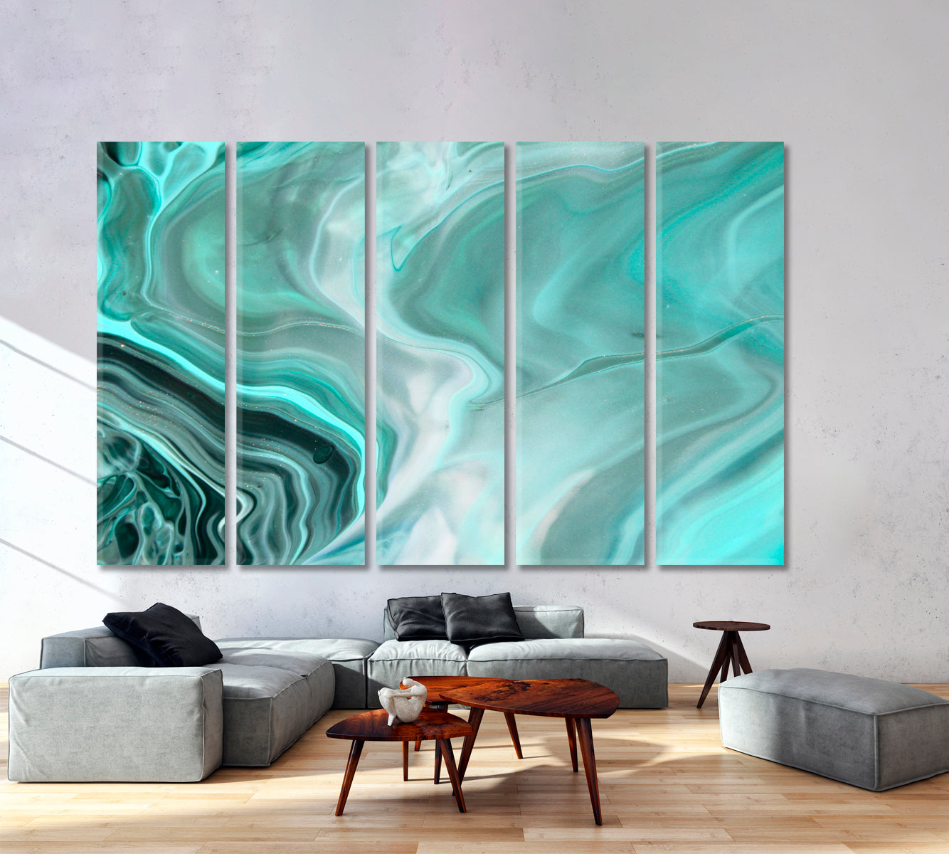 HUE OF PEARL Tidewater Green Mint Marble Pattern Fluid Art, Oriental Marbling Canvas Print Artesty 5 panels 36" x 24" 