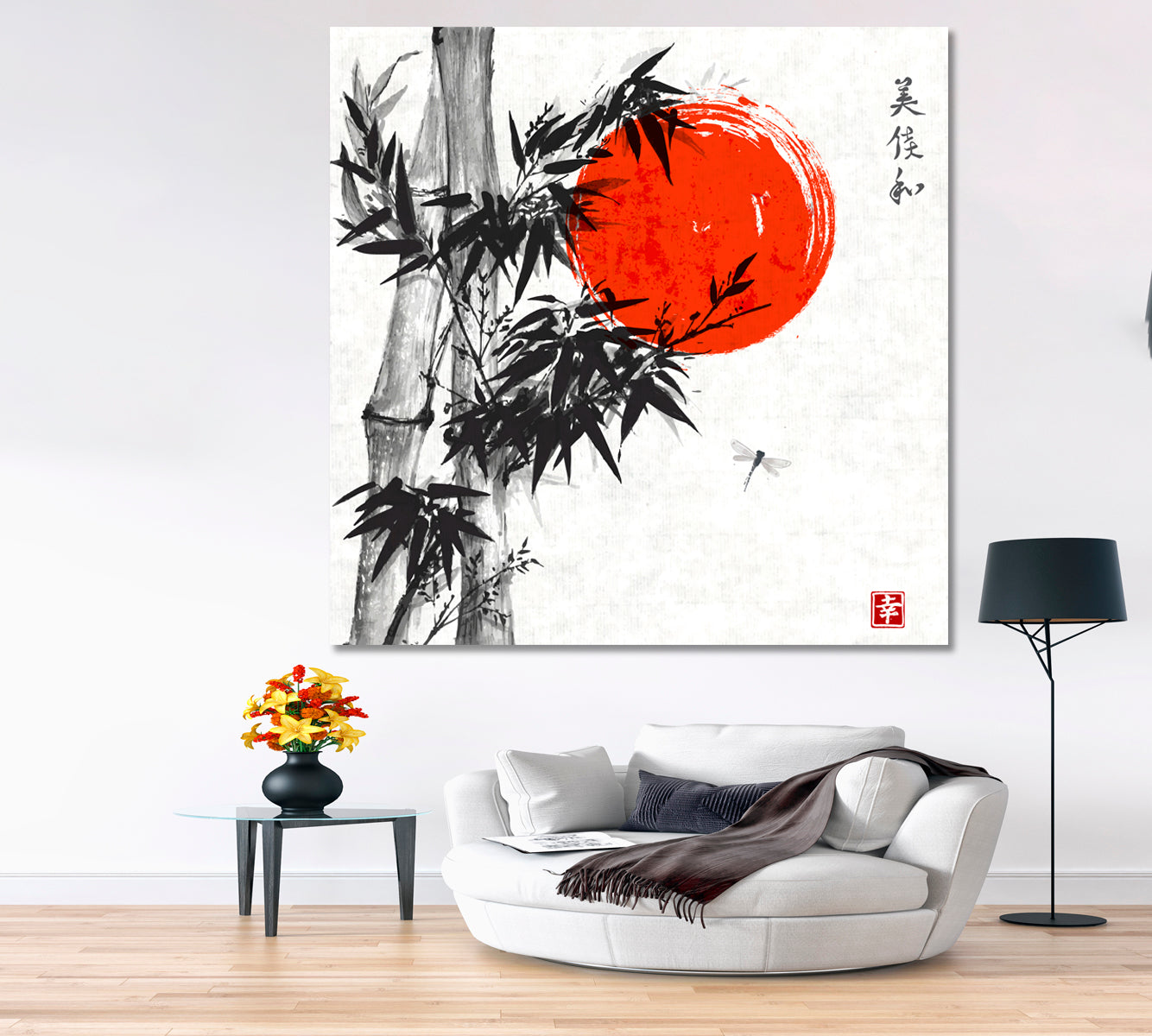 Bamboo Trees Dragongfly Red Sun Happiness Beauty Perfection Eternity - S Asian Style Canvas Print Wall Art Artesty   