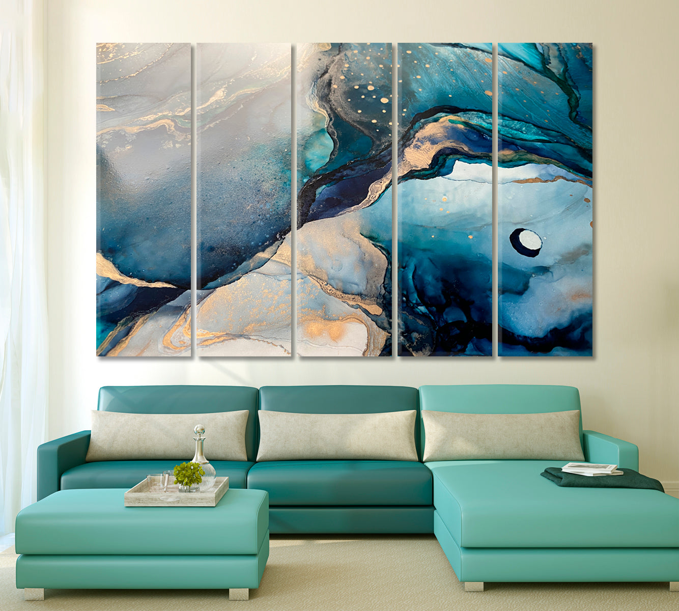 LIGHT BLUE Abstract Marble Acrylic Fluid Art Fluid Art, Oriental Marbling Canvas Print Artesty 5 panels 36" x 24" 