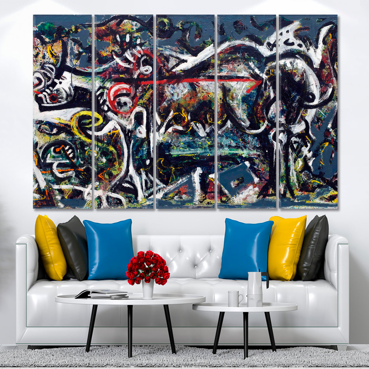 WOLF Abstract Jackson Pollock Style Contemporary Art Artesty 5 panels 36" x 24" 