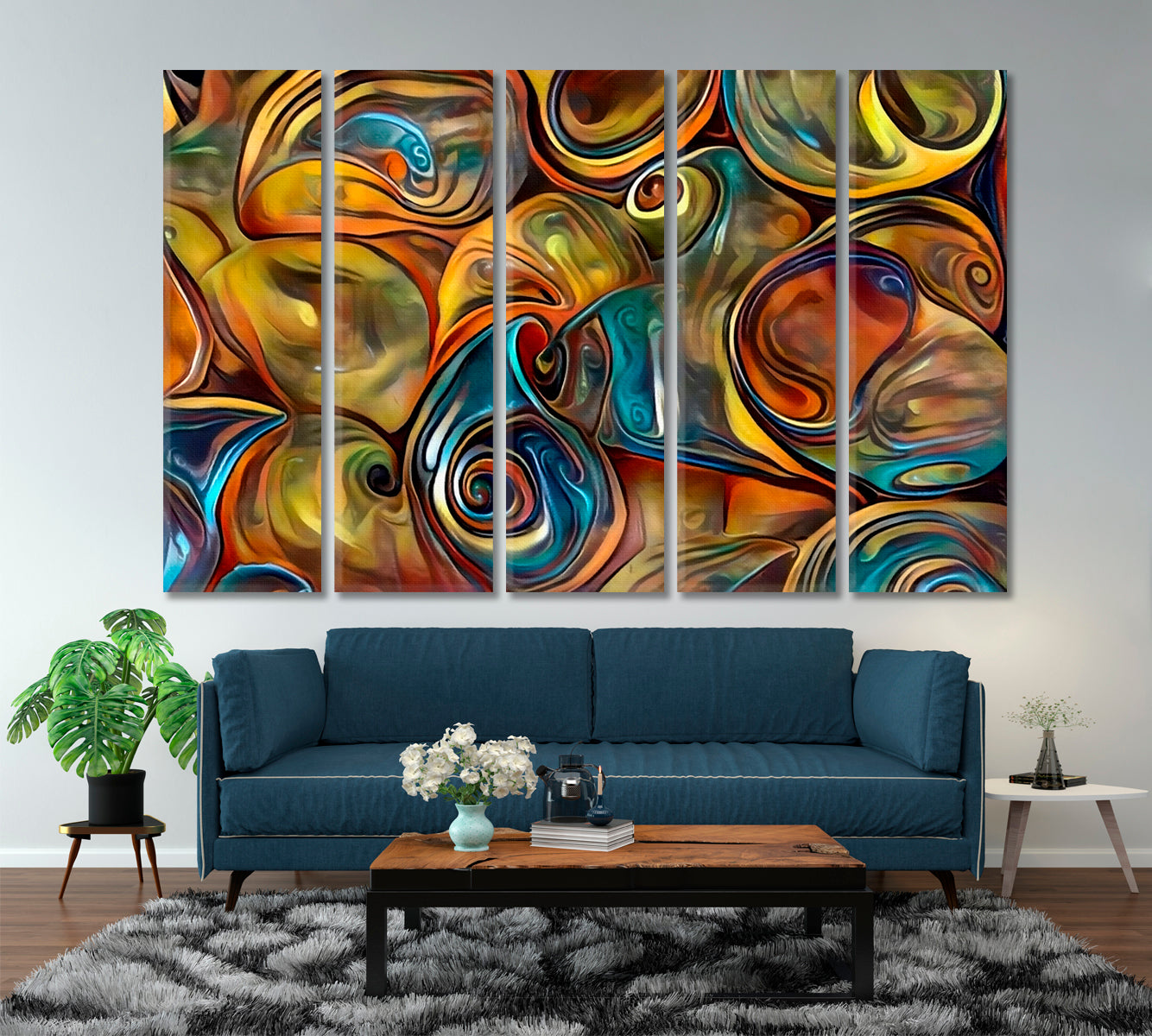 ABSTRACT SEASHELLS  Fluid Lines and Color Movement Abstract Art Print Artesty 5 panels 36" x 24" 