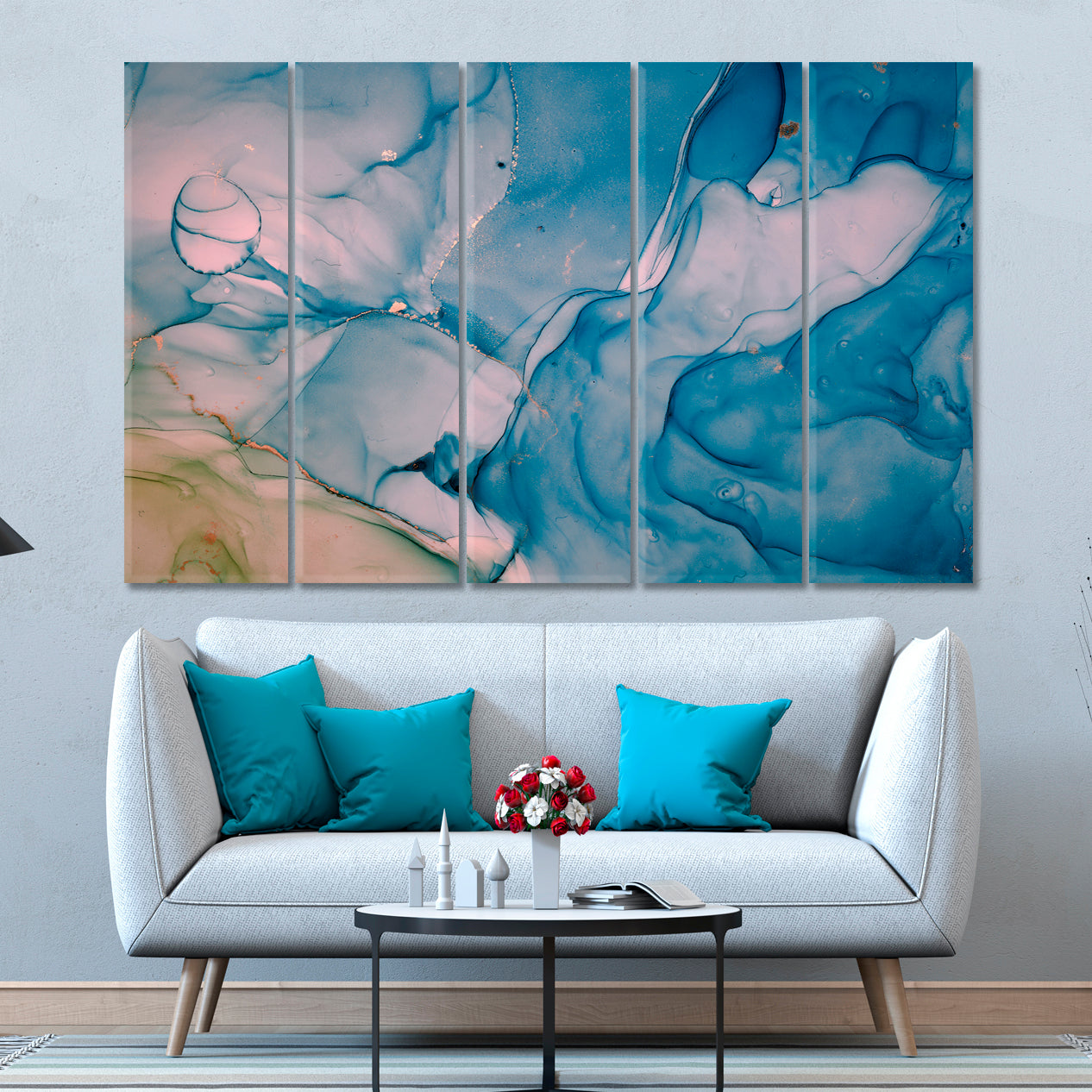ABSTRACT SKY LANDSCAPE Alcohol Ink Colors Translucent Marble Fluid Art, Oriental Marbling Canvas Print Artesty 5 panels 36" x 24" 