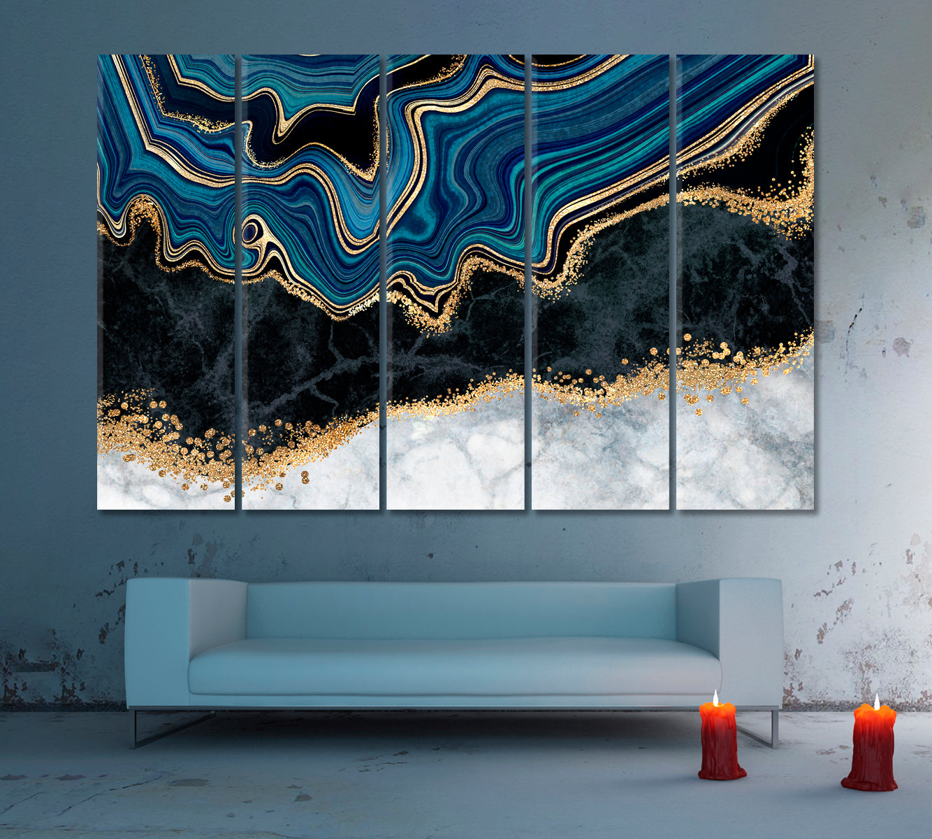 Blue Agate Golden Veins White Black Marble Pattern Abstract Art Print Artesty 5 panels 36" x 24" 