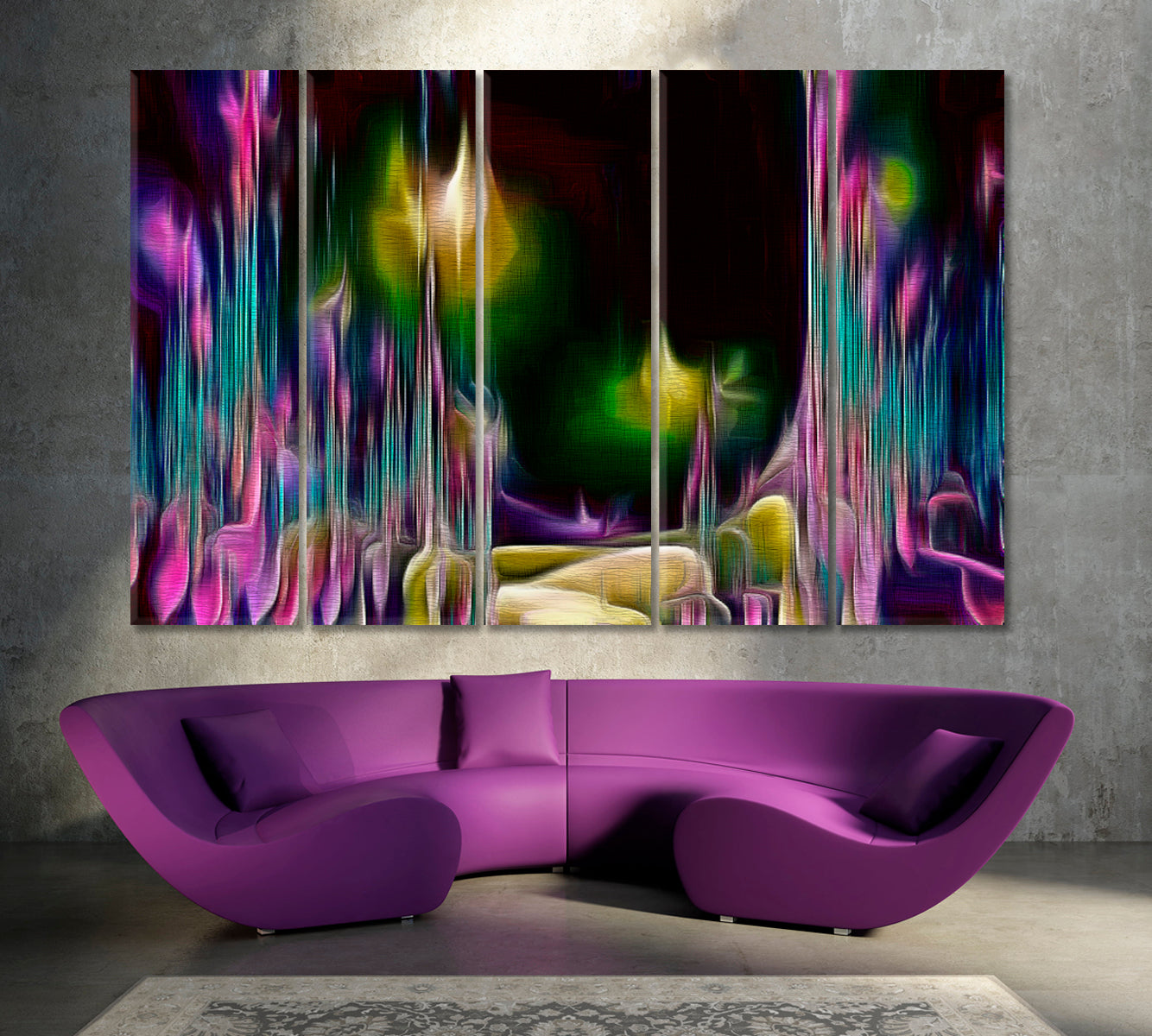 Abstract Fractal Psychedelic Shape Purple On Black Modern Art Contemporary Art Artesty 5 panels 36" x 24" 