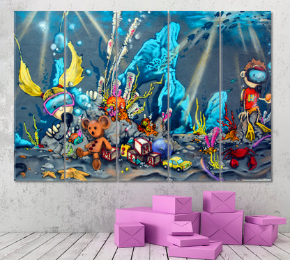 WORLD OF TOYS UNDERWATER Sea Diver Street Art Montreal Graffiti Street Art Canvas Print Artesty 5 panels 36" x 24" 