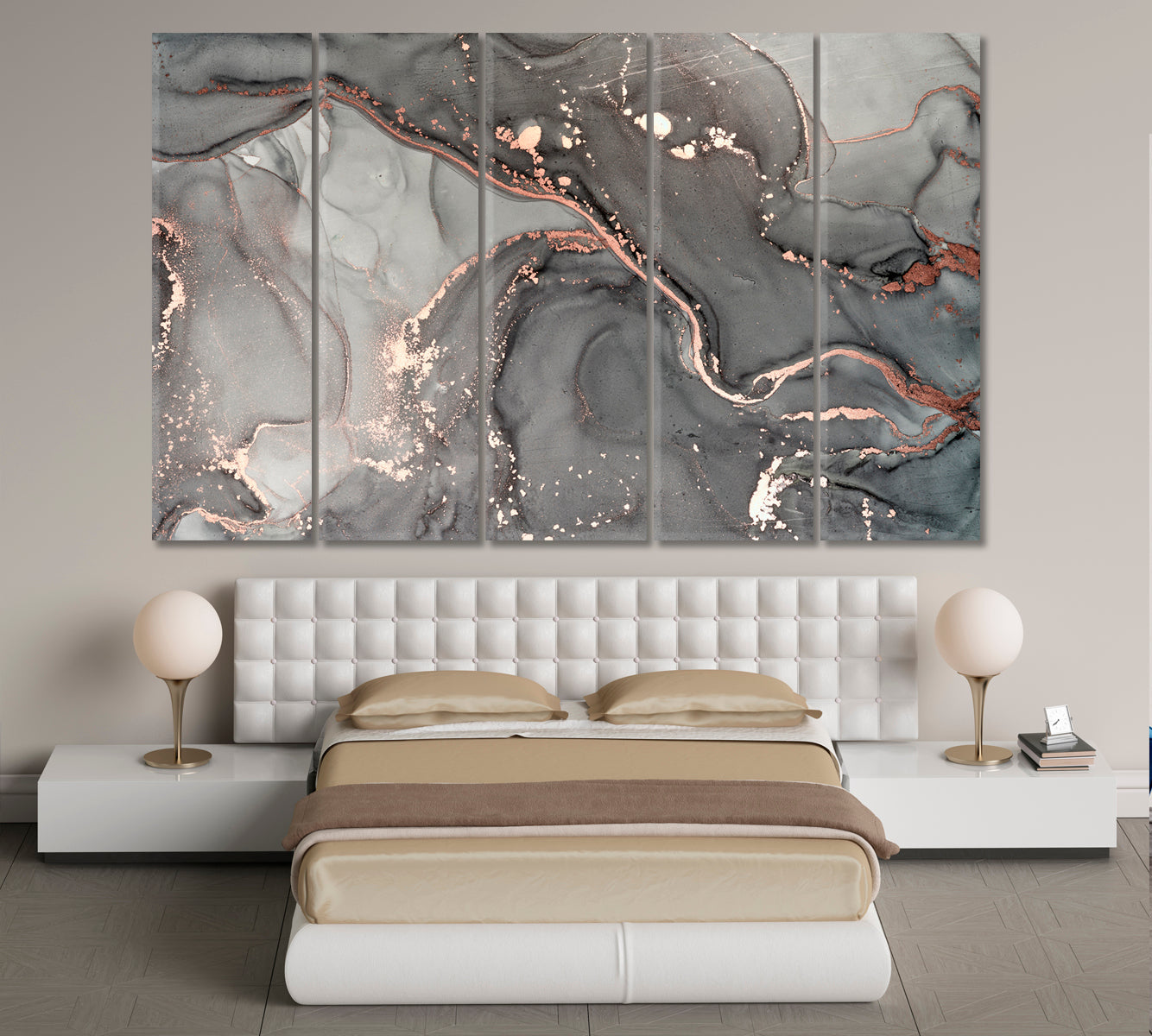 Gray Marble Alcohol Ink Pattern Translucent Waves Fluid Art, Oriental Marbling Canvas Print Artesty 5 panels 36" x 24" 