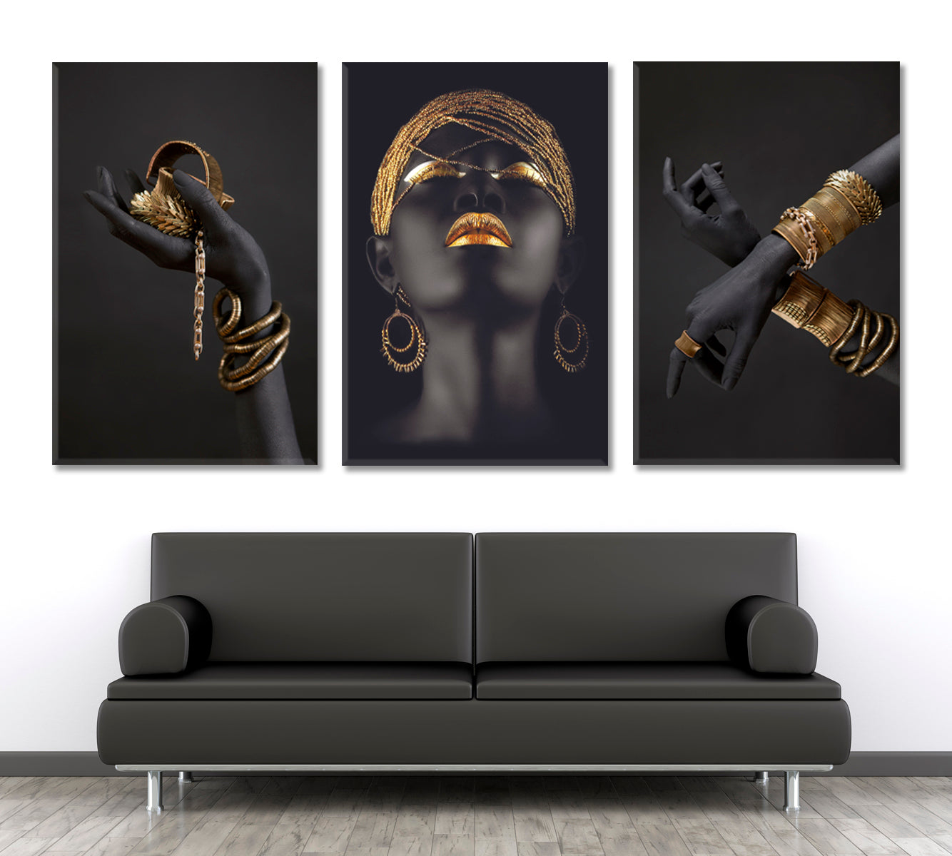 Black Woman Hand Gold High Fashion Art Luxury SET 3 Vertical Panels Abstract Art Print Artesty   