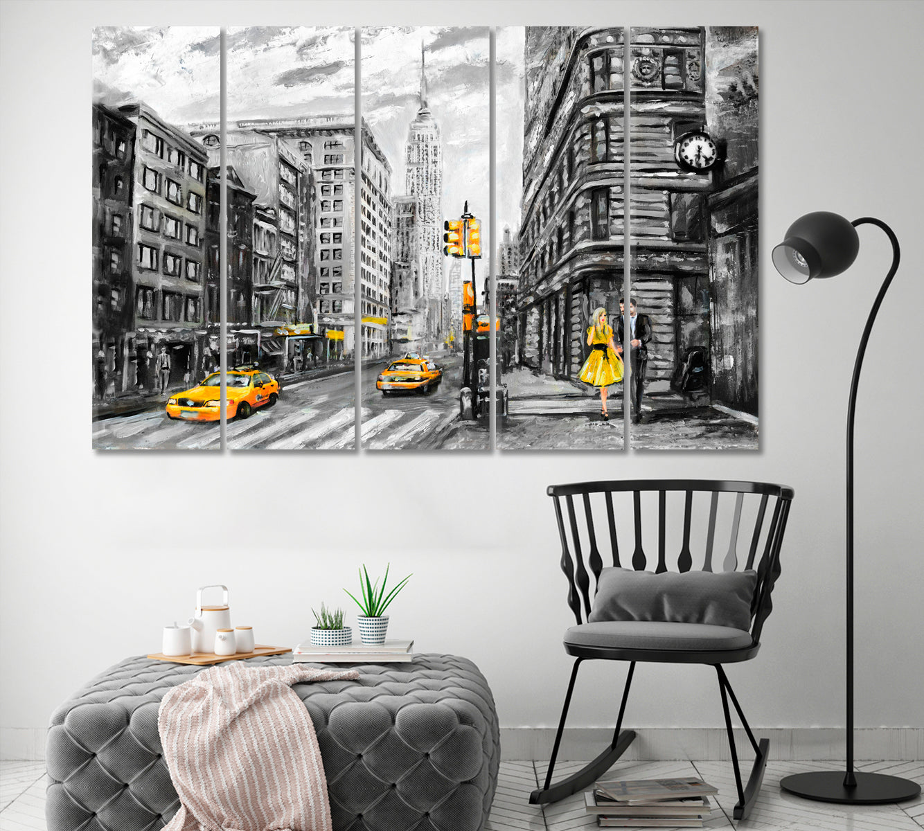 Romantic Gray Yellow New York Man Woman Modern Art Cities Wall Art Artesty 5 panels 36" x 24" 