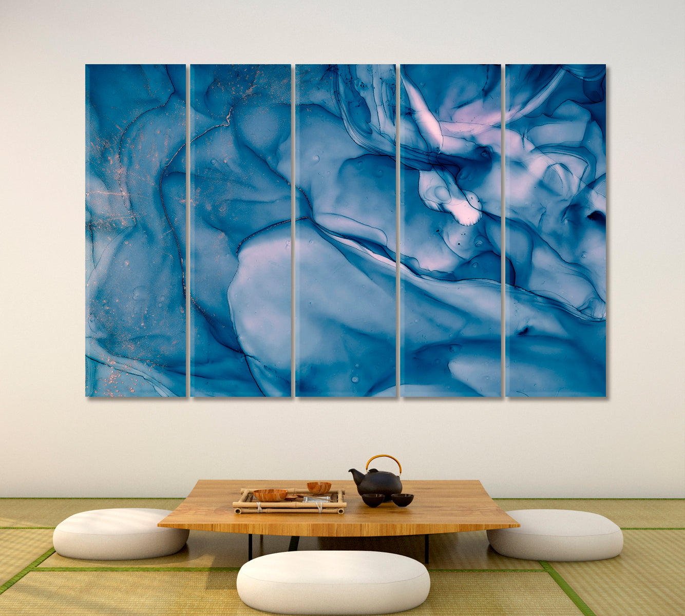 Luxury Modern Style Blue Marble Abstract Fluid Art, Oriental Marbling Canvas Print Artesty 5 panels 36" x 24" 