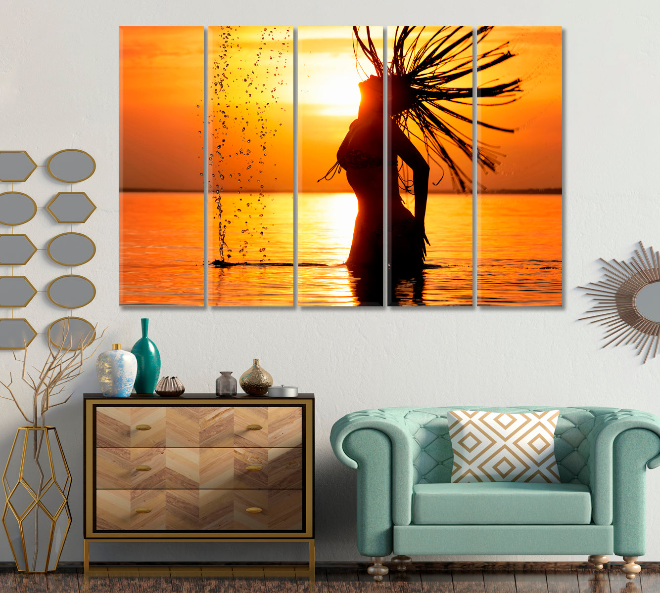 Golden Sunset Beautiful Female Silhouette Scenery Landscape Fine Art Print Artesty 5 panels 36" x 24" 