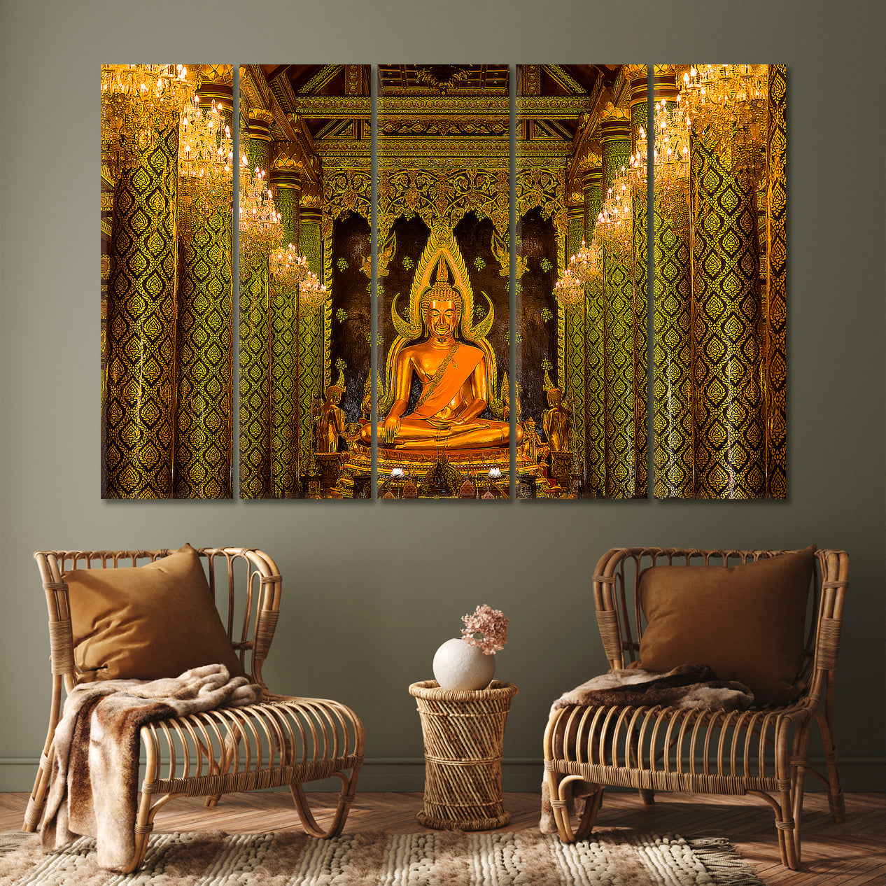 Golden Buddha Temple Thailand Religious Modern Art Artesty 5 panels 36" x 24" 