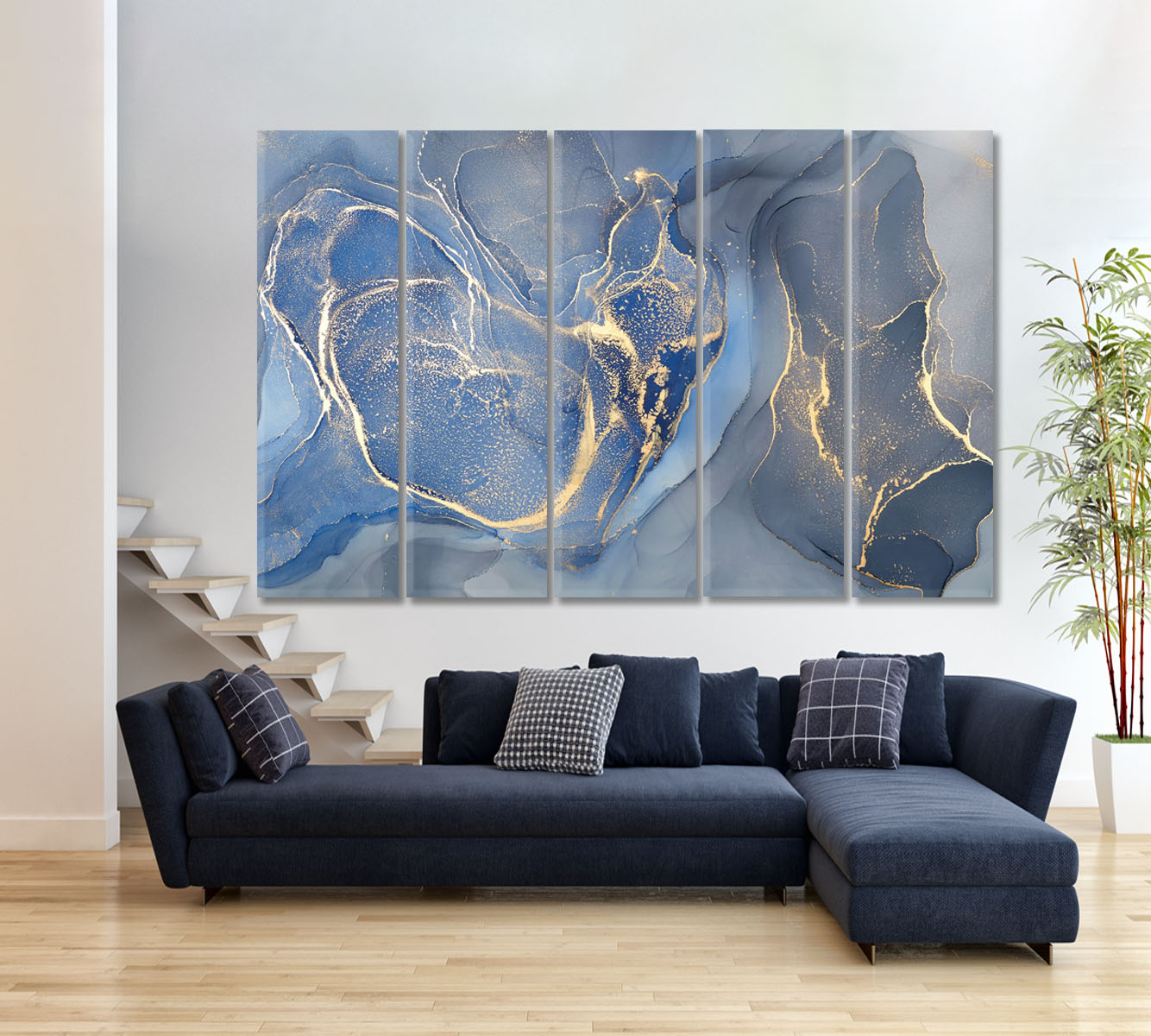 Light Blue Abstract Colorful Modern Art Marble Ink Colors Fluid Art, Oriental Marbling Canvas Print Artesty 5 panels 36" x 24" 