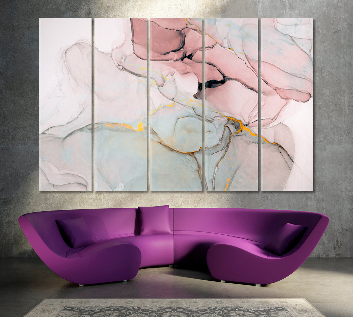 Tender Translucent Lilac Green Ink Fluid Art Fluid Art, Oriental Marbling Canvas Print Artesty 5 panels 36" x 24" 