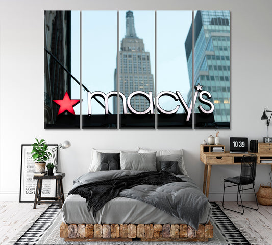 New York City USA Historic Macy's store signage Empire State Building Midtown Manhattan NY Canvas Print Famous Landmarks Artwork Print Artesty 5 panels 36" x 24" 