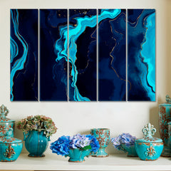 Oriental Style Blue Marble Artistic Pattern Trendy Modern Abstract Canvas Print Fluid Art, Oriental Marbling Canvas Print Artesty 5 panels 36" x 24" 