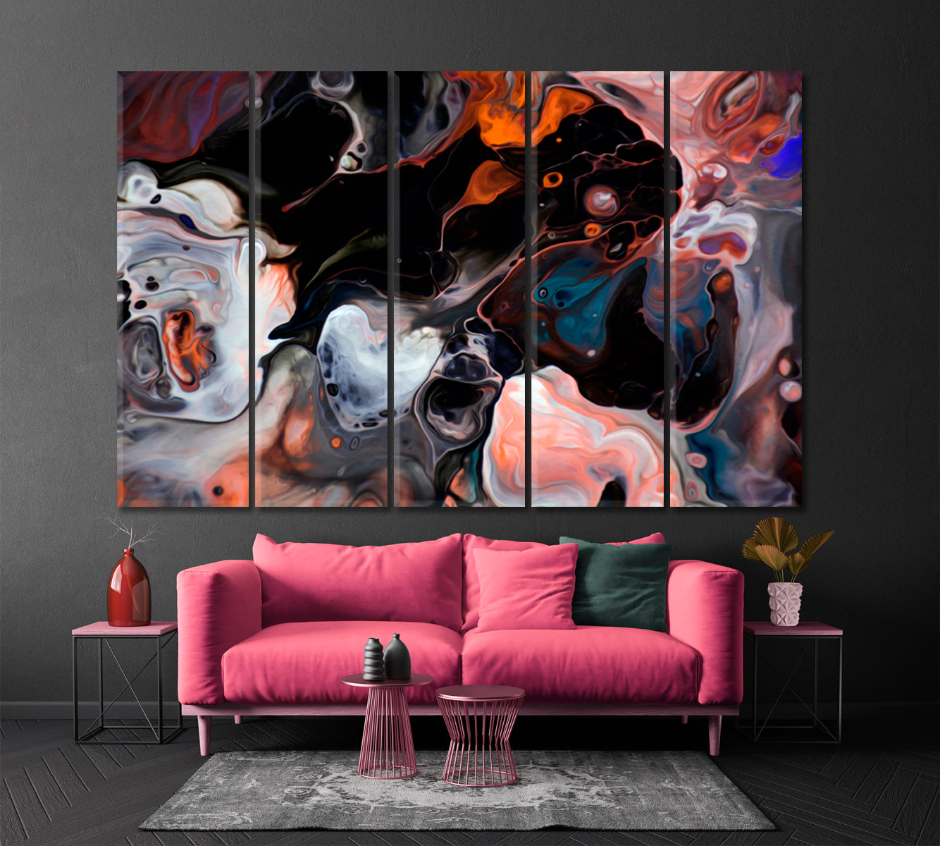 Colorful Abstract Acrylic Bubble Paints Splash Fluid Art, Oriental Marbling Canvas Print Artesty 5 panels 36" x 24" 