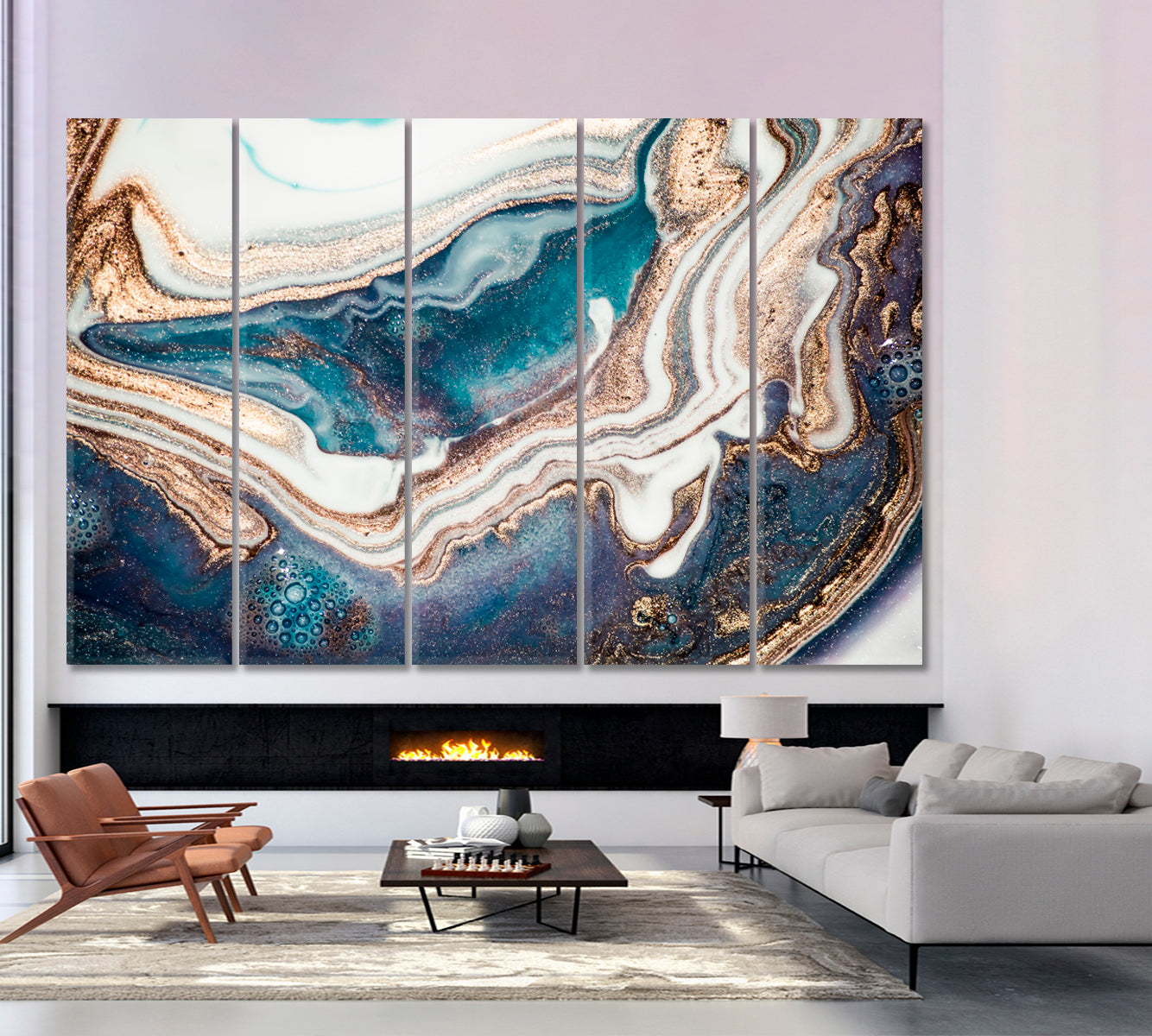 Trendy Style Marble Swirls Aroma Waves EBRU Fluid Art, Oriental Marbling Canvas Print Artesty 5 panels 36" x 24" 