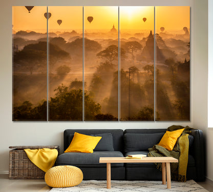 Buddhism Attraction Misty Landscape Sunrise Air Balloons Ancient Pagoda Myanmar Bagan Old Kingdom Burma Asia Asian Style Canvas Print Wall Art Artesty   