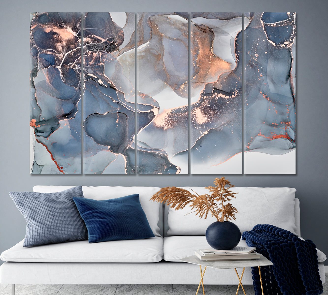 Wispy Blue Tides | Alcohol Ink Blue Grey Beautiful Marble Pattern | Canvas Print Fluid Art, Oriental Marbling Canvas Print Artesty 5 panels 36" x 24" 